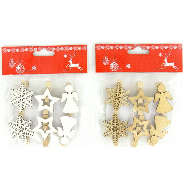 Vločka,hvězdička a andílek, vánoční dřevěná dekorace na kolíčku, 6 kusů v sáčku, cena za 1 sáček AC7135 Art