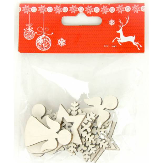 Vločka,hvězdička a andílek, vánoční dřevěná dekorace, barva bílá,  12 kusů v sáčku, cena za 1 sáček AC7137 Art