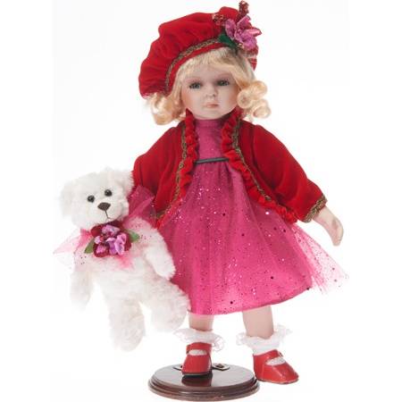 Porcelánová bábika Červená čiapočka s medvedíkom 36 cm - IntArt