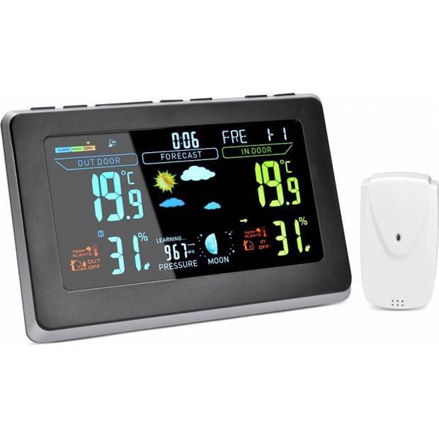 meteostanice, extra velký barevný LCD, teplota, vlhkost, tlak, RCC, černá-stříbrná TE76 Solight