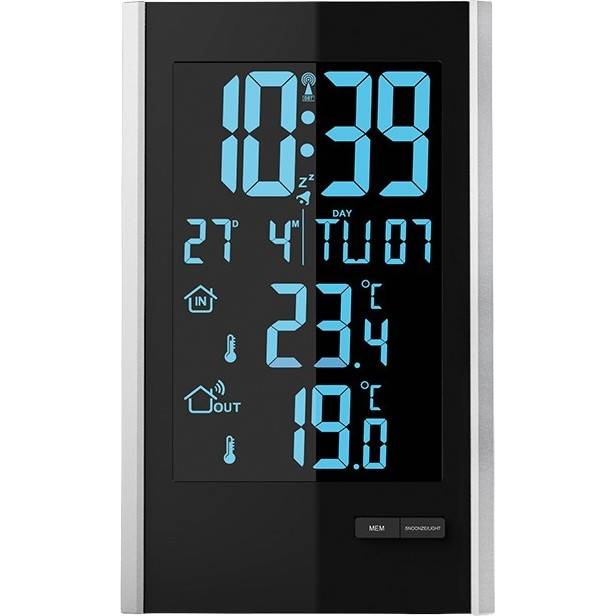 meteostanice, LCD s volitelnou barvou podsvícení, vnitřní/venkovní teplota, RCC, černá/stříbrná TE85 Solight