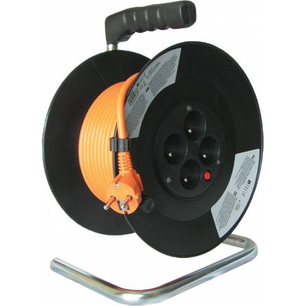 prodlužovací přívod na bubnu, 4 zásuvky, 50m, oranžový kabel, 3x 1,5mm2 PB04 Solight