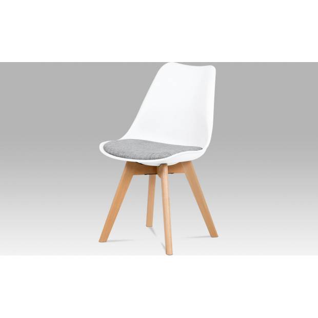 Jídelní židle, bílý plast, šedá tkanina, masiv natural CT-722 WT2 Art