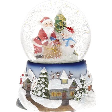 Vianočný snehuliak Santa pri stromčeku 11x15cm hrajúci a svietiaci - IntArt