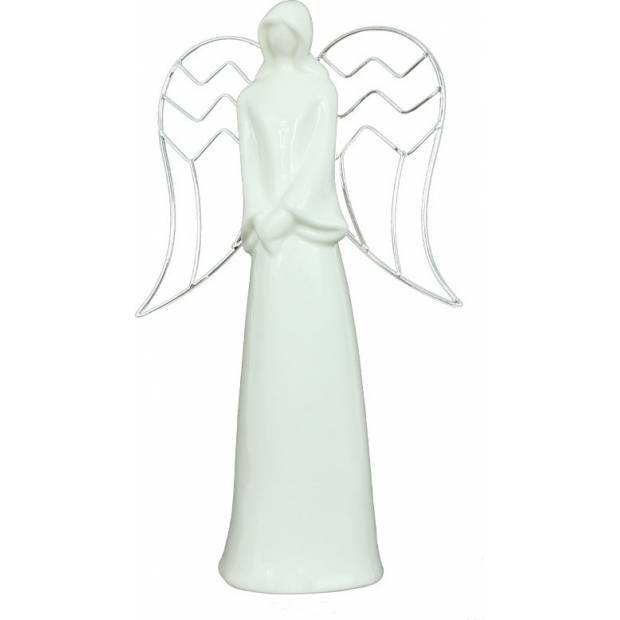 Anděl, porcelánová dekorace, bílá lesklá glazura, kovová křídla AND174 Art