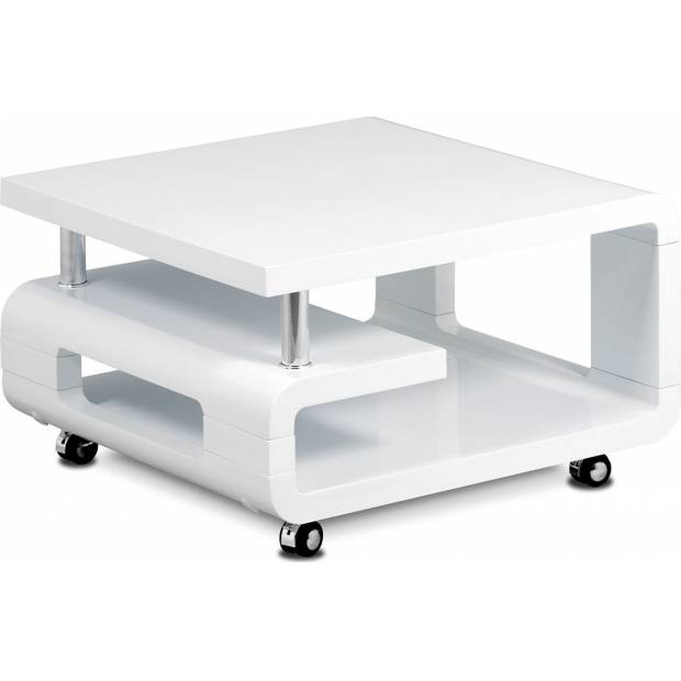 Konferenční stolek 70x70x43, bílá MDF vysoký lesk, chrom, 4 kolečka