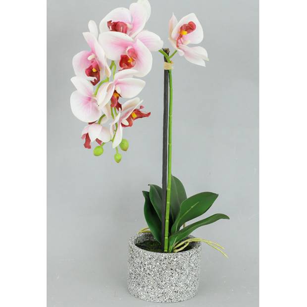 Orchidea v betonovém květnáči, barva bílo-růžová. Květina umělá. VK-1250 Art