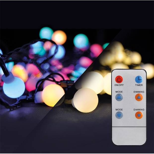 LED 2v1 venkovní vánoční řetěz, koule, dálkový ovladač, 100LED, RGB+bílá, 10m+5m, 8 funkcí, IP44 1V08-RGB Solight