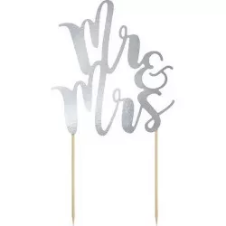 PartyDeco zapichovacia dekorácia na tortu strieborná Mr & Mrs KPT10-018M dortis - PartyDeco