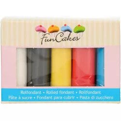 Farebné potahovacie hmoty 5x100g biela, čierna, žltá, červená a modrá - FunCakes