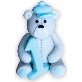 Cukrová figúrka medvedíka s číslom 1 modrá 6cm - Dekor Pol