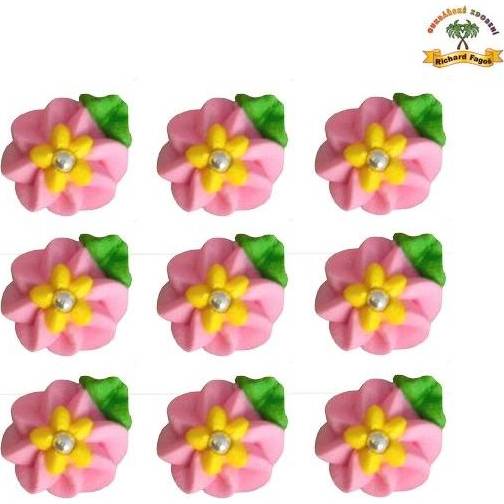Cukrová dekorácia ružové kvety so žltým stredom na 9ks tanieri - Fagos