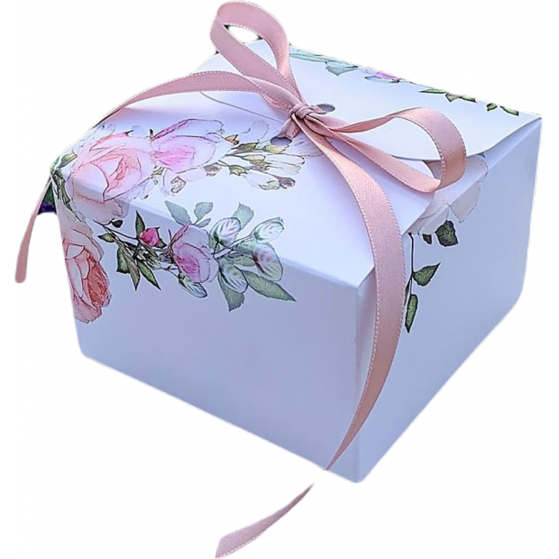 Svadobná krabička na výslužky biela s ružami s mašľou (11 x 11 x 7 cm) 8ks - Goldpress