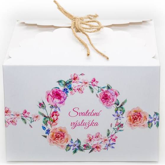 Svadobná krabička na výslužky biela s kvetmi (16,5 x 16,5 x 11 cm) 8ks - Goldpress