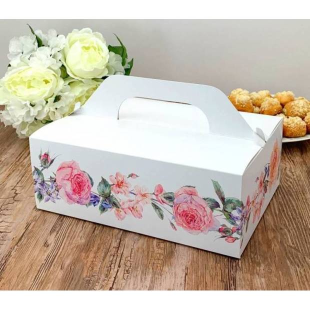 Svadobná krabička na výslužky biela s kvetmi (26 x 18 x 9,5 cm) - dortis