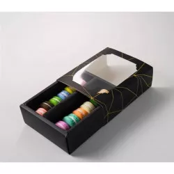 Čierna krabička na makrónky so zlatými pruhmi 15,5 x 12,5 x 5,2 cm (na 10 kusov) - dortis