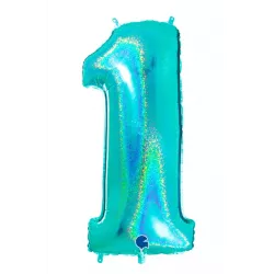 Nafukovací balónik číslo 1 tyrkys holografický 102 cm - Grabo