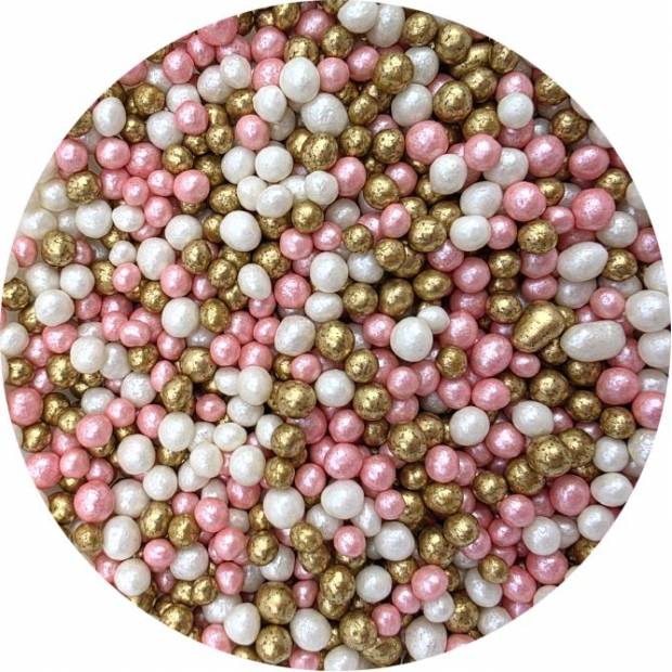 Perly z cukrovej ryže ružovo-bielo-zlaté 5 mm 80 g - I LOVE CAKES