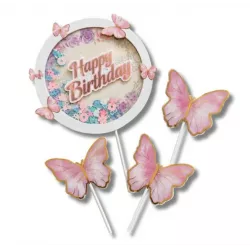 Dekoratívny zápich s motýľmi a nápisom „Happy Birthday“ (4 ks) - Gyertyakovacs