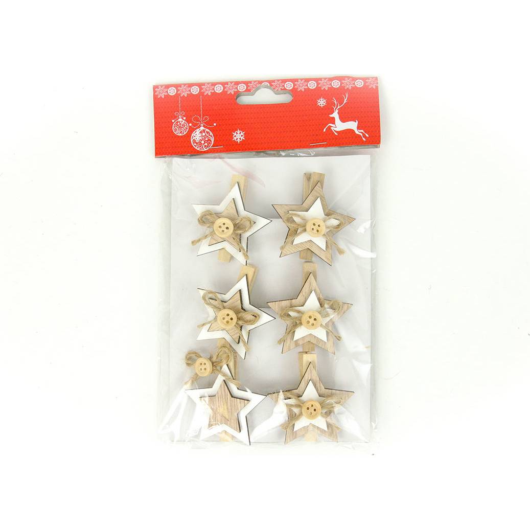 Hvězdička, vánoční dřevěná dekorace na kolíčku, 6 kusů v sáčku, cena za 1 sáček AC7120 Art