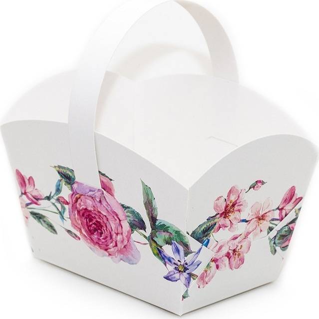 E-shop Svatební košíček na cukroví bílý s květinami (10 x 6,7 x 8 cm)