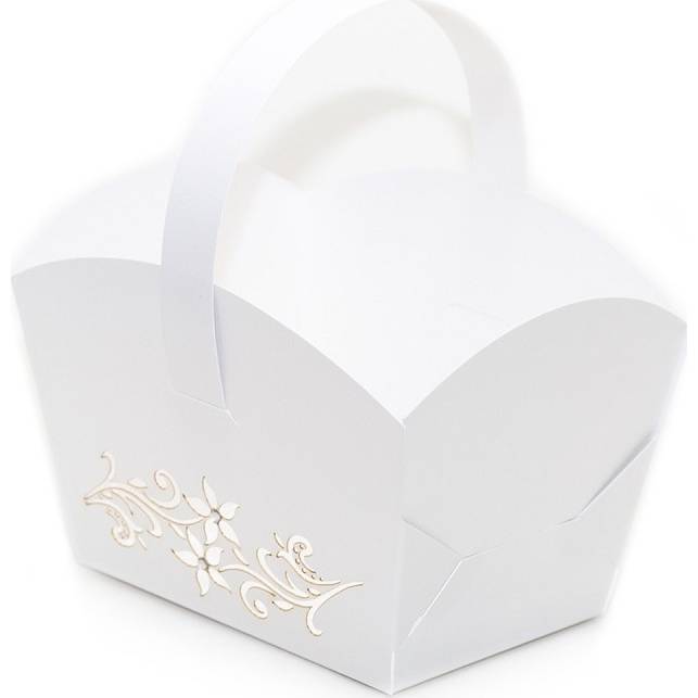 E-shop Svatební košíček na cukroví bílý perleťový (10 x 6,7 x 8 cm)