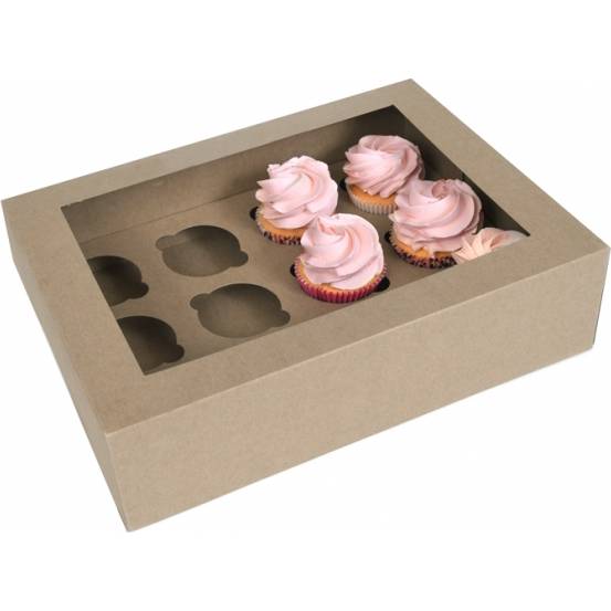 E-shop Papírová krabička 12ks Kraft papír s OKNEM, 12 cupcake