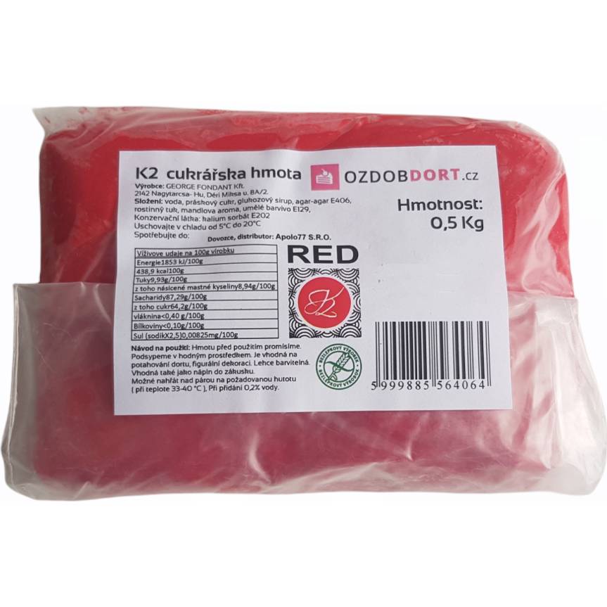 E-shop Potahovací hmota K2 na dorty 0,5kg červená