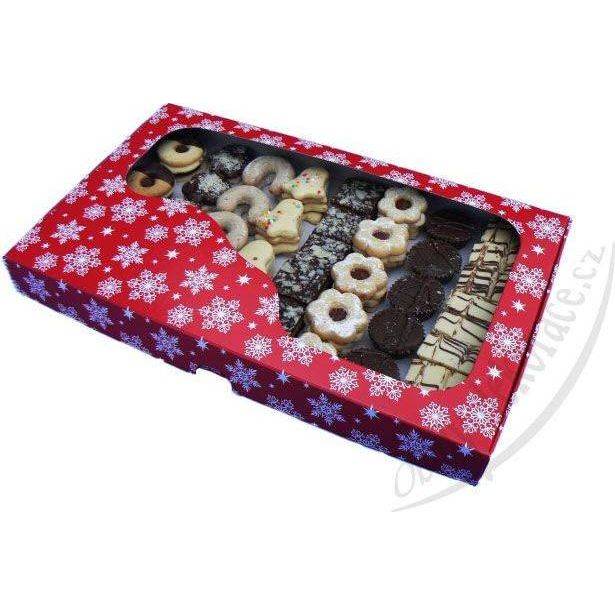 E-shop Krabice na cukroví červená s vánočním potiskem (36,5 x 22 x 3,5 cm)