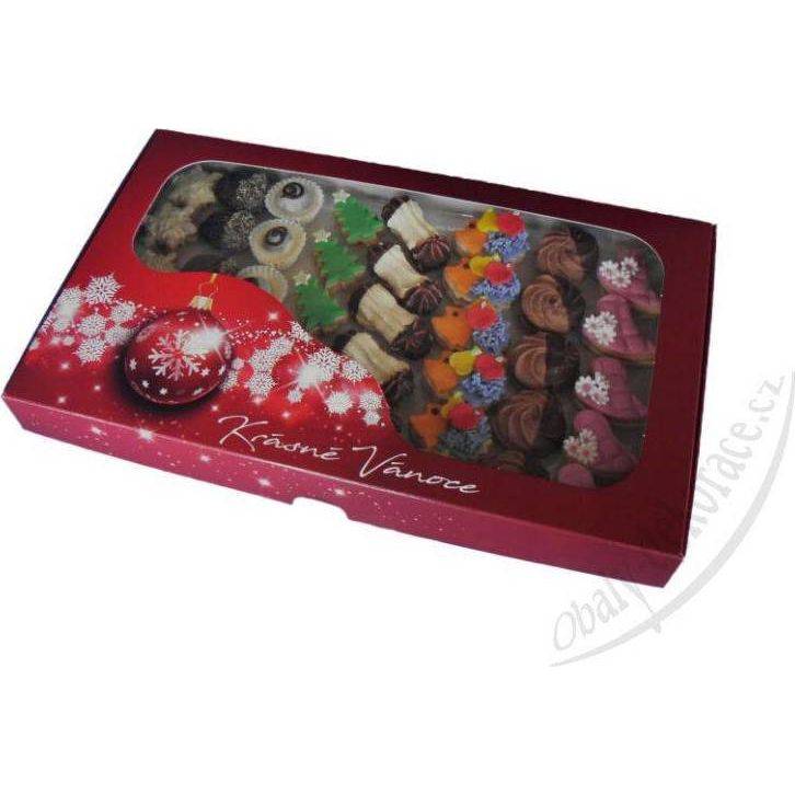 E-shop Krabice na cukroví červená s vánoční ozdobou (36,5 x 22 x 3,5 cm)