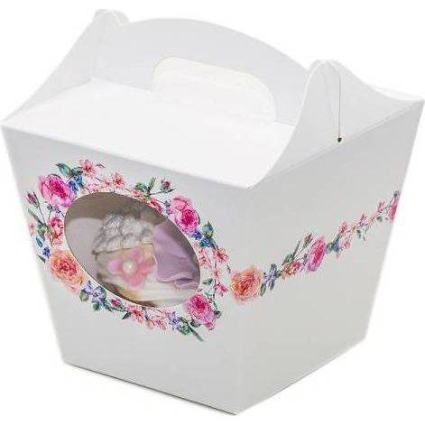 E-shop Svatební krabička na cupcake bílá s květinami (7,5 x 7,5 x 9,3 cm)