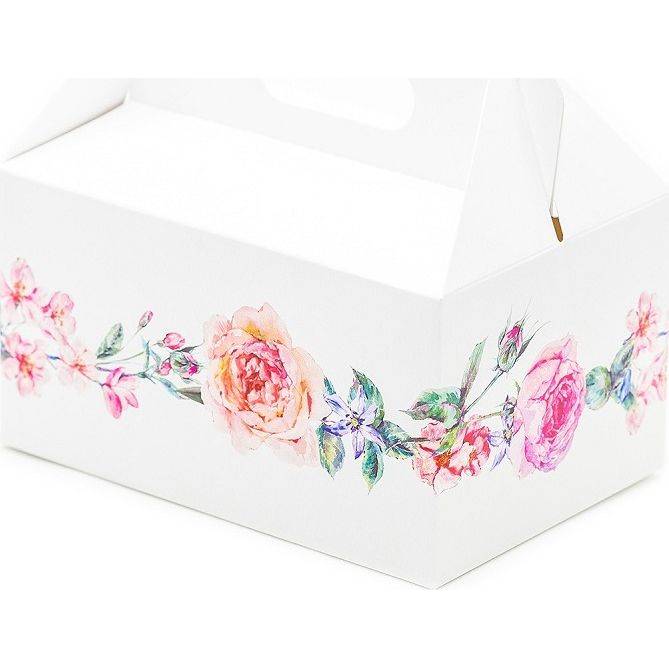 E-shop Svatební krabička na výslužku bílá s květinami (13 x 9 x 7 cm)